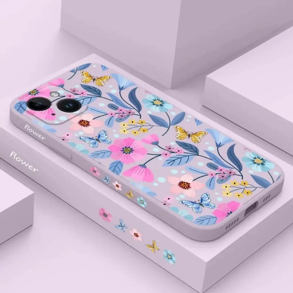 Purple Silicone iPhone‎ 15 Pro Case with Pink and Blue Floral Design